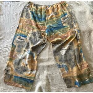 Vintage Citron Santa Monica Pants Women 1 XSilk art asian Crop Resort Boho beige